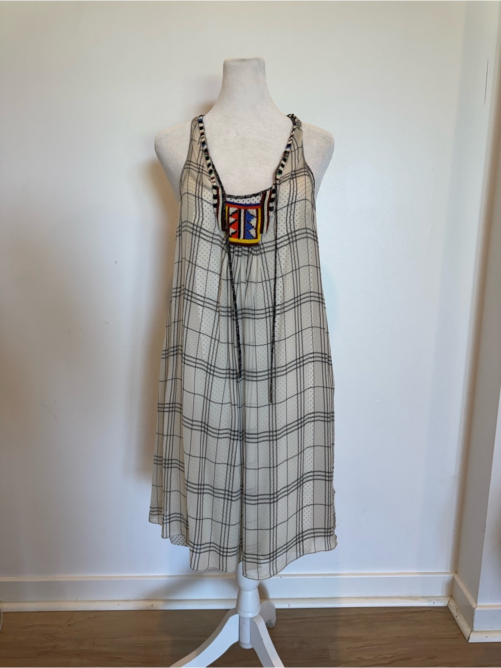 Beaded Plaid Dress with Polka Dot Cream Slip